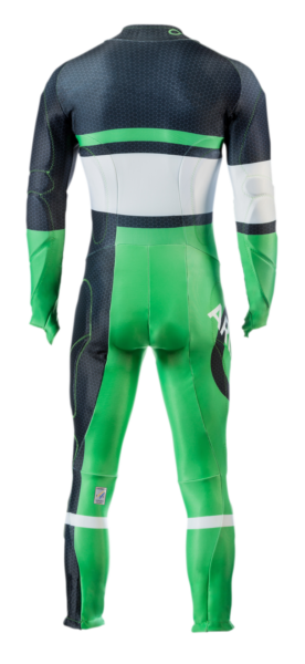 An FIS approved ski race suit with the FIS CS 2015 certification label on the left leg.