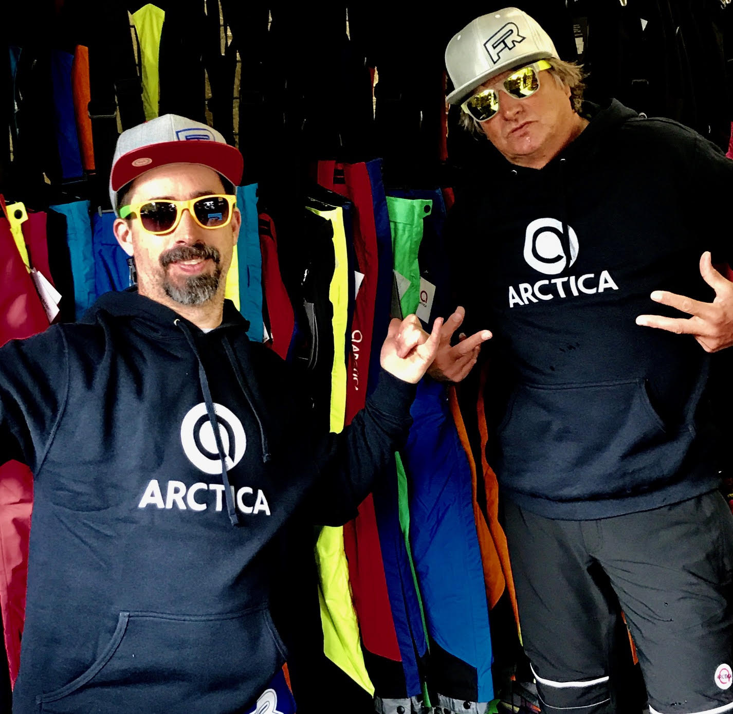 Robert and Franz of the Fuxi Flash Govi 1 Stop Shop with the Arctica pants at their Mt Hood Ski Shop