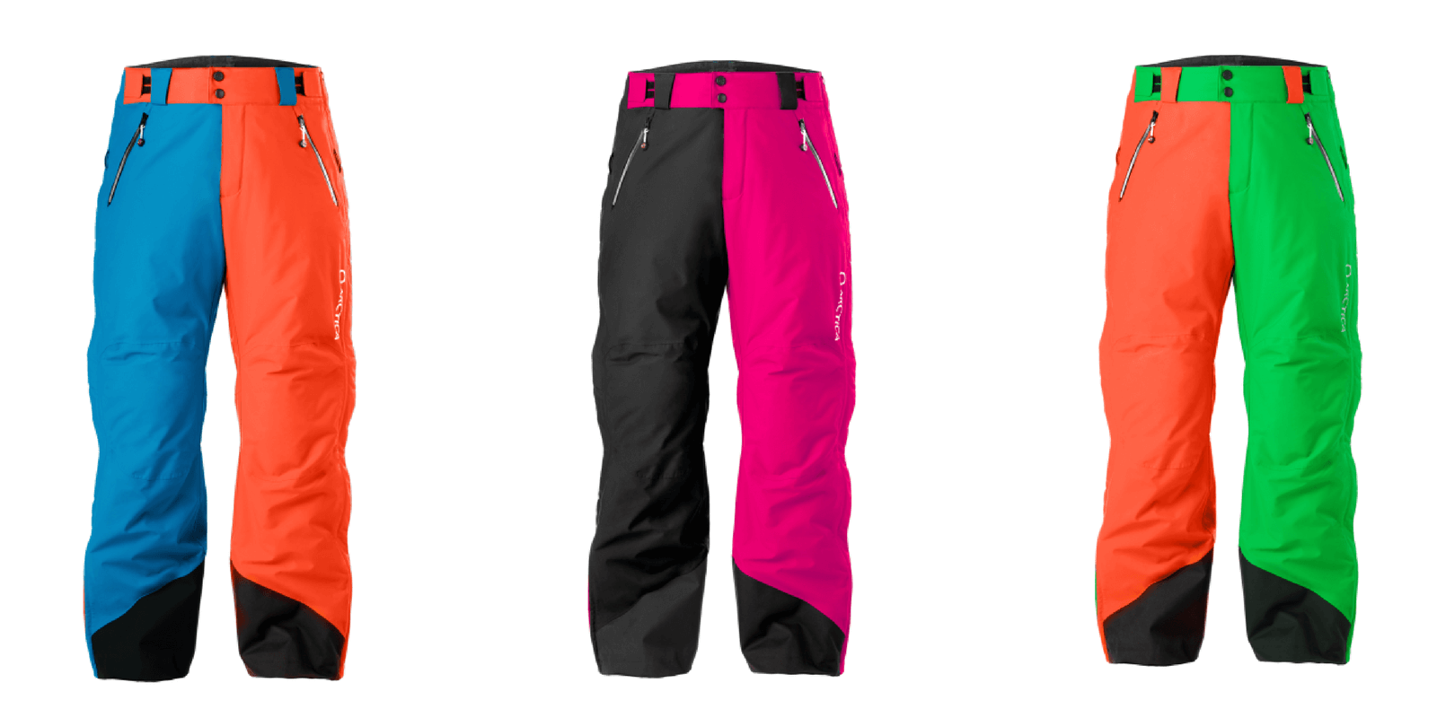 New Arctica Side Zip 2.0 pants for 2017-18 in 50/50 colors - black/pink, ocean/tangerine and tangerine/lime.