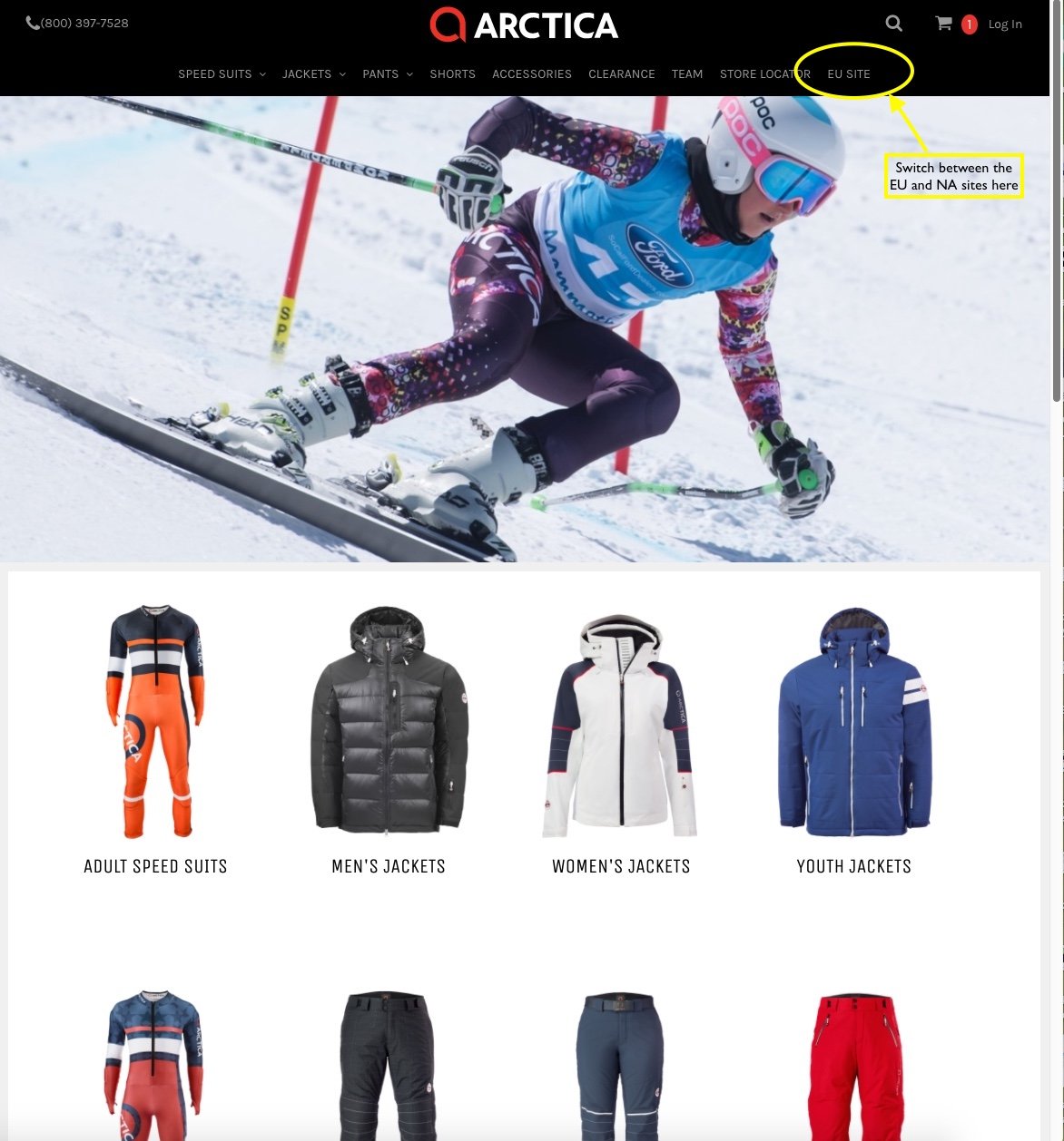 Easily switch from the Arctica NA site to the Arctica EU website to shop worldwide