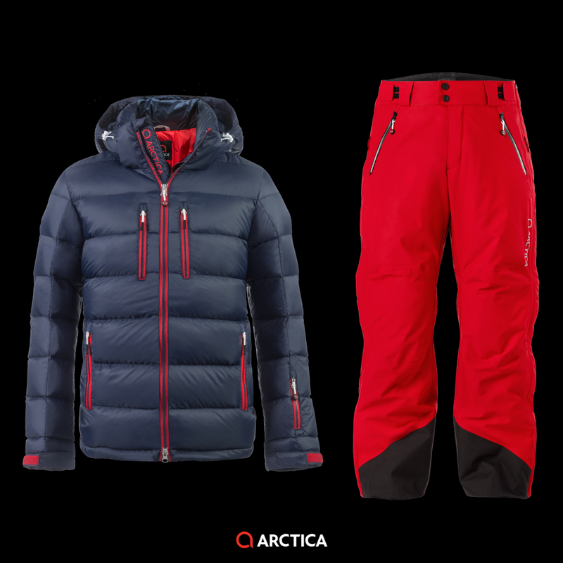 Arctica Classic Down Jacket in Midnight and Arctica 2.0 Side Zip Pants in Red