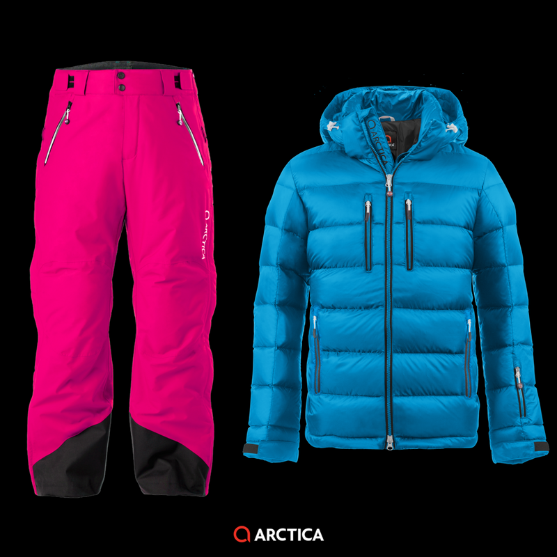 Arctica Classic Down Jacket in Ocean 2.0 Pants in Hot Pink