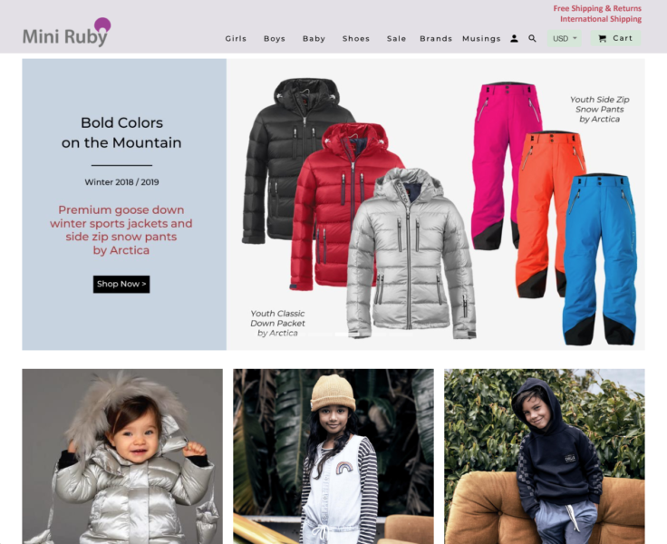 The homepage of Arctica's childrenswear retailer Mini Ruby featuring Arctica apparel