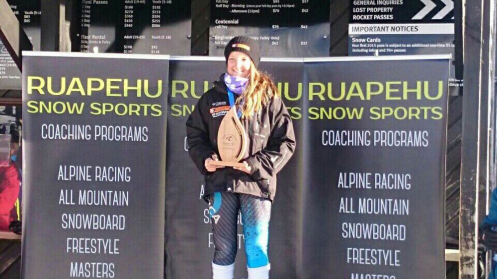 Anastasia Seator-Braun on the podium in her Arctica GS Speed Suit at the Mount Ruapehu Ski Racing Invitational, New Zealand.