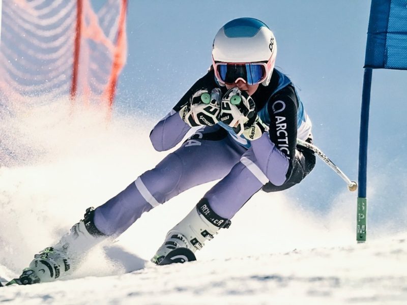 Anastasia Seator of Mammoth Lakes skiracing in her Arctica Racer GS Speed Suit lilac.