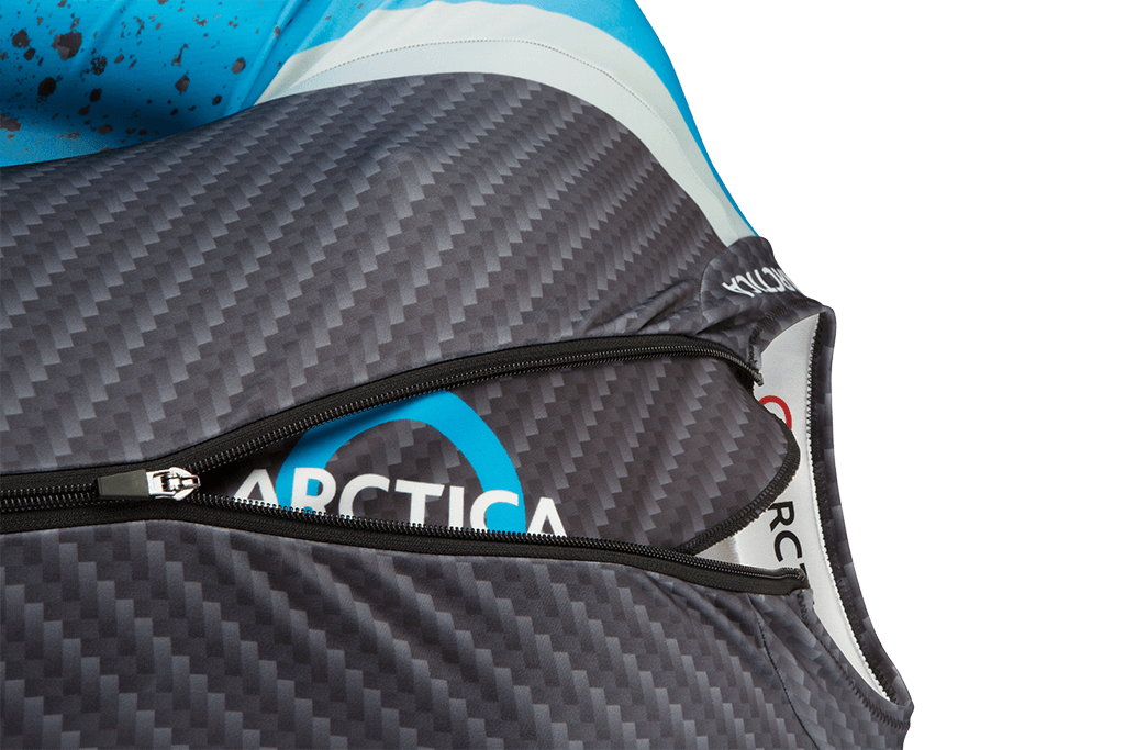 The front zipper area of Arctica's new FIS approved GS race suit, the Arctica RaceFlex Speed Suit.