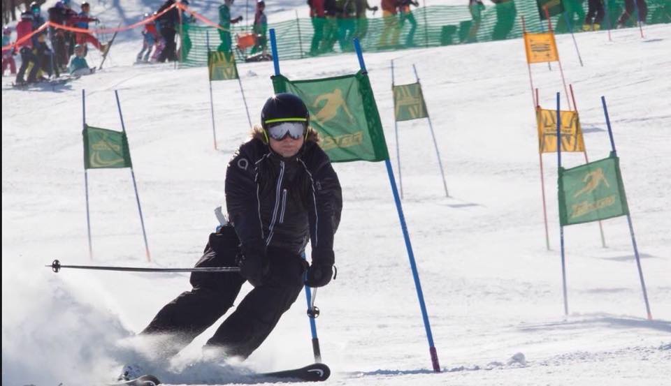 Masters ski racer P. McKinney racing mid-winter 2015 in his Arctica Speed Freak jacket.