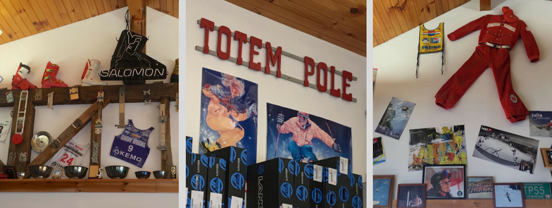 Ski racing memorabilia adorns the walls at Totem Pole Ski Shop Ludlow VT