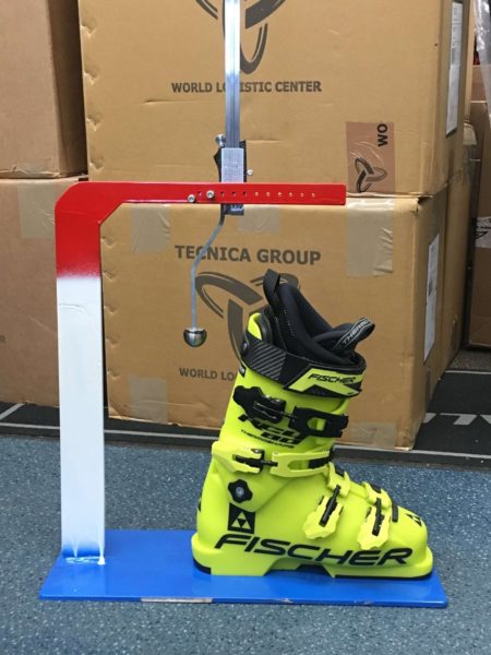 Totem Pole Ski Shop's custom built stack height measuring device for alpine race ski boots. 