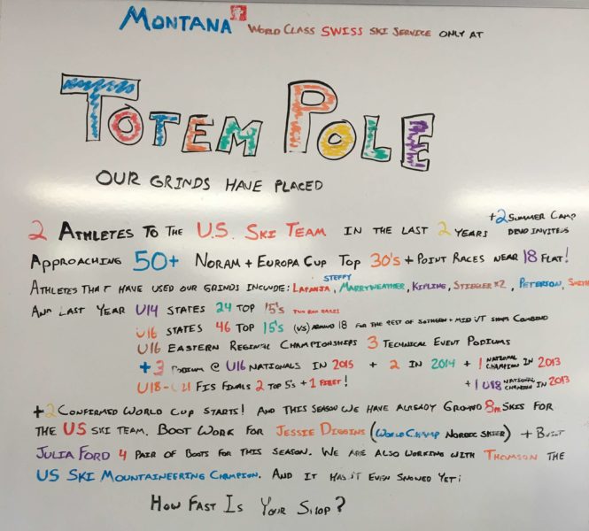 The 'Results' white board outside the ski tuning room at Totem Pole Ski Shop in Ludlow, VT. (Board is not updated for 2014-15 season yet in this picture).
